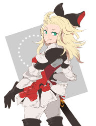 Rule 34 | 1girl, 5pb., blonde hair, bow, bravely default: flying fairy, edea lee, gloves, green eyes, hitopm, katana, long hair, pantyhose, ribbon, solo, sword, tagme, weapon, wide hips