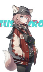 1girl absurdres animal_ears arknights badge baseball_cap blue_eyes braid brown_hair button_badge character_name choker cowboy_shot ears_through_headwear fanny_pack fox_ears fox_girl fox_tail hat highres hood hood_down hooded_jacket jacket letterman_jacket nian962464 open_clothes open_jacket pants short_hair side_braid solo sussurro_(arknights) sussurro_(travel_freely)_(arknights) tail