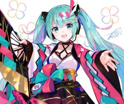 Rule 34 | 1girl, :d, aqua bow, aqua hair, black skirt, bow, breasts, choker, cleavage, collarbone, dated, fuzichoco, hand fan, hatsune miku, head tilt, headgear, headset, highres, holding, holding fan, long hair, long sleeves, looking at viewer, magical mirai miku, magical mirai miku (2020 summer), multicolored hair, open mouth, red bow, signature, skirt, small breasts, smile, solo, streaked hair, twintails, upper body, very long hair, vocaloid, white background, wide sleeves