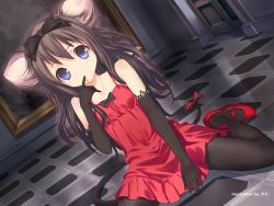 Rule 34 | 1girl, animal ears, bare shoulders, black hair, black pantyhose, blue eyes, bow, breasts, chemise, dress, dutch angle, elbow gloves, finger to mouth, gloves, hair bow, legs, long hair, mary janes, mouse ears, mouse tail, on floor, original, pantyhose, red dress, red footwear, red skirt, shoes, sitting, skirt, small breasts, solo, tail, uni (plastic girl), wariza