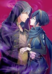 Rule 34 | 1boy, 1girl, alternate hairstyle, ameno (a meno0), androgynous, blue cape, blue eyes, blue hair, branded, cape, fire emblem, fire emblem awakening, long coat, looking at another, looking at viewer, lucina (fire emblem), marth (fire emblem awakening), mask, nintendo, robin (fire emblem), robin (male) (fire emblem), short hair, tiara, unworn mask, white hair
