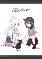 Rule 34 | 2girls, aged down, animal, animal ears, artist request, bare arms, black cat, black fur, black hair, black shorts, blake belladonna, blue eyes, blue ribbon, blue skirt, cat, cat ears, cat girl, cat tail, child, closed mouth, english text, extra ears, facing another, faunus (rwby), full body, hair between eyes, happy, headpat, high ponytail, highres, kneeling, long hair, looking at another, looking down, multiple girls, on rock, outdoors, ponytail, purple shirt, ribbon, rock, rwby, shirt, shoes, short hair, short sleeves, shorts, simple background, sitting, sitting on rock, skirt, sleeveless, sleeveless shirt, smile, socks, tail, weiss schnee, white background, white hair, white legwear, white shirt, yellow eyes