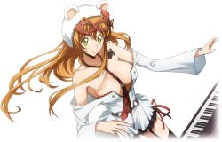 Rule 34 | 1girl, animal ear headwear, animal ears, arm up, artist request, bare shoulders, bear ears, black shorts, black thighhighs, breasts, chain, closed mouth, code geass, code geass: lost stories, collarbone, cowboy shot, dress, fake animal ears, female focus, floating hair, frilled shorts, frills, game cg, garter straps, green eyes, hand up, happy, hat, hat ornament, heart, heart-shaped lock, highres, instrument, keyboard (instrument), large breasts, long hair, long sleeves, looking at viewer, mask, mask on head, masquerade mask, music, necktie, no bra, non-web source, o-ring, off-shoulder dress, off shoulder, official art, orange hair, paw print, plaid necktie, playing instrument, red necktie, shirley fenette, short dress, short shorts, shorts, shorts under dress, shoulder tattoo, side-tie shorts, sidelocks, simple background, smile, solo, standing, sweat, tattoo, thighhighs, transparent background, white dress, white hat, wide sleeves, zipper
