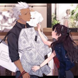 Rule 34 | 1boy, 1girl, alternate costume, archer (fate), ass, bag, black hair, black shirt, blue eyes, blurry, blurry foreground, closed mouth, commentary request, dark skin, denim, denim jacket, depth of field, fate/stay night, fate (series), floral print, hair ribbon, highres, holding, holding clothes, holding shirt, jacket, jacket on shoulders, long hair, one eye closed, pants, red shirt, ribbon, shimatori (sanyyyy), shirt, smile, tohsaka rin, two side up, watch, white hair, wristwatch