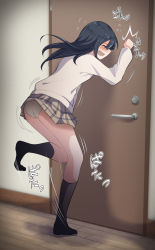 Rule 34 | 1girl, arm up, ass, bad feet, black hair, black socks, blush, brown skirt, clenched hand, closed eyes, clothes lift, door, door handle, embarrassed, female focus, flying sweatdrops, from behind, full body, have to pee, highres, indoors, japanese text, kneehighs, knees together feet apart, knocking, leg up, long hair, long sleeves, miniskirt, motion lines, open mouth, original, panties, plaid, plaid skirt, pleated skirt, sidelocks, sideways mouth, skirt, skirt lift, socks, solo, standing, standing on one leg, sweat, sweater, tears, underwear, watakarashi, white panties, white sweater, wooden floor