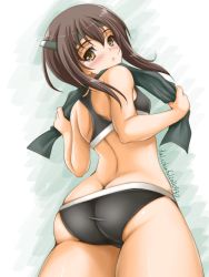 Rule 34 | 1girl, akimoto dai, ass, black towel, bra, brown eyes, brown hair, commentary request, cowboy shot, from behind, grey bra, grey panties, headband, headgear, highres, kantai collection, looking at viewer, looking back, one-hour drawing challenge, panties, short hair, short hair with long locks, solo, taihou (kancolle), towel, towel around neck, underwear