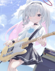 Rule 34 | 1girl, absurdres, amplifier, black choker, black hairband, black skirt, blue archive, choker, closed mouth, electric guitar, grey hair, guitar, hair over one eye, hairband, halo, highres, holding, holding instrument, instrument, kenma pro, long hair, looking at viewer, music, pink eyes, plana (blue archive), playing instrument, pleated skirt, red halo, shirt, short sleeves, skirt, solo, twitter username, white shirt