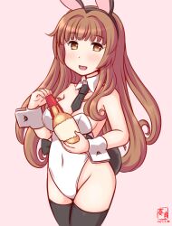 Rule 34 | 1girl, animal ears, artist logo, black necktie, black thighhighs, blush, bottle, breasts, brown hair, covered navel, dated, detached collar, fake animal ears, fake tail, gradient background, green eyes, helena (kancolle), holding, holding bottle, kanon (kurogane knights), kantai collection, leotard, long hair, looking at viewer, medium breasts, necktie, one-hour drawing challenge, open mouth, pink background, playboy bunny, rabbit ears, rabbit tail, solo, strapless, strapless leotard, tail, thighhighs, white leotard, wrist cuffs
