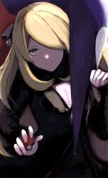 Rule 34 | 1girl, black coat, blonde hair, breasts, cleavage, closed mouth, coat, commentary, creatures (company), cynthia (pokemon), eyelashes, fur-trimmed coat, fur collar, fur trim, game freak, garchomp, gen 4 pokemon, grey eyes, hair ornament, hair over one eye, highres, holding, holding poke ball, large breasts, long hair, long sleeves, looking at viewer, medium breasts, nintendo, poke ball, poke ball (basic), pokemon, pokemon (creature), pokemon dppt, smile, ume (ume 445)