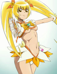 Rule 34 | 10s, 1girl, blonde hair, bow, breasts, brooch, cure sunshine, hair ribbon, heart, heart brooch, heartcatch precure!, jewelry, long hair, looking at viewer, magical girl, midriff, myoudouin itsuki, navel, oimanji, orange bow, precure, ribbon, skirt, smile, solo, twintails, underboob, yellow bow, yellow eyes