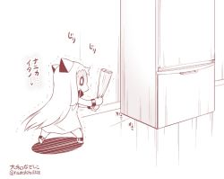 Rule 34 | 0 0, 10s, 1girl, abyssal ship, blank eyes, collar, commentary request, contemporary, dress, floor, horns, kantai collection, long hair, mittens, monochrome, newspaper, northern ocean princess, refrigerator, sketch, sleeveless, sleeveless dress, solo, translation request, trembling, twitter username, very long hair, wall, wrist cuffs, yamato nadeshiko