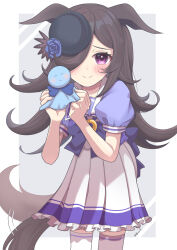 Rule 34 | 1girl, absurdres, animal ears, artist name, back bow, black headwear, blue flower, blue rose, blush, border, bow, brown hair, commentary request, ears down, flower, hair over one eye, highres, holding, holding stuffed toy, horse ears, horse girl, horse tail, long hair, looking at viewer, nankanashi, petticoat, pleated skirt, puffy short sleeves, puffy sleeves, purple background, purple bow, purple shirt, rice shower (umamusume), rose, sailor collar, shirt, short sleeves, simple background, skirt, smile, solo, stuffed toy, summer uniform, tail, tail wagging, teruterubouzu, thighhighs, translation request, umamusume, white border, white skirt, white thighhighs
