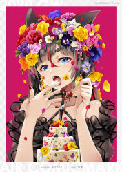 Rule 34 | 1girl, artist name, bare shoulders, black choker, black hair, blue eyes, border, breasts, cake, choker, collarbone, crying, eating, eyebrows, fangs, fingernails, food, fork, hair between eyes, hands up, highres, holding, holding fork, long fingernails, long hair, long sleeves, looking at viewer, multicolored hair, nail polish, natsume eri, non-web source, open mouth, original, petals, red hair, red nails, short eyebrows, solo, streaked hair, tears, thick eyebrows, two-tone hair, upper body, very long hair, white border