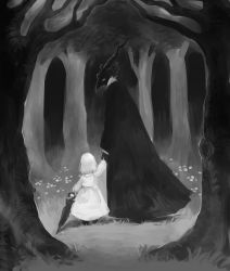 Rule 34 | 1girl, 1other, absurdres, black umbrella, closed umbrella, dress, facing away, forest, grass, greyscale, holding hands, highres, horns, ito (silva), monochrome, nature, outdoors, robe, sensei (totsukuni no shoujo), shiva (totsukuni no shoujo), standing, totsukuni no shoujo, tree, umbrella, white dress, white hair