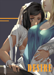 Rule 34 | 2girls, alternate costume, bandages, black hair, black legwear, black skirt, blonde hair, blue shirt, breast press, breasts, brown eyes, cleavage, close-up, commentary request, covered mouth, dark-skinned female, dark skin, english text, eye of horus, facial mark, facial tattoo, grey background, head out of frame, holding head, iceky, lab coat, long sleeves, looking at another, looking at breasts, medium breasts, mercy (overwatch), multiple girls, naked bandage, overwatch, overwatch 1, pantyhose, pencil skirt, pharah (overwatch), shirt, simple background, skirt, tattoo, undressing, yuri
