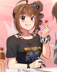Rule 34 | 1girl, ahoge, black shirt, blurry, blurry foreground, bottle, bracelet, brown hair, commentary, depth of field, drill hair, grin, heart, holding, holding marker, idolmaster, idolmaster million live!, jewelry, kamille (vcx68), looking at viewer, marker, medium hair, necklace, pointing, pointing at self, print shirt, purple eyes, scrunchie, shirt, side drill, side ponytail, sidelocks, smile, solo focus, t-shirt, tank top, upper body, white scrunchie, white shirt, wrist scrunchie, yokoyama nao