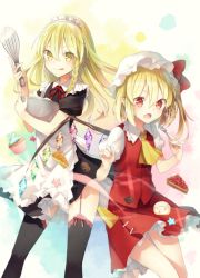 Rule 34 | 2girls, alternate costume, apron, ascot, black dress, black legwear, bowl, braid, cake, cheesecake, cookie, dress, enmaided, fang, flandre scarlet, food, fork, garter straps, gradient background, hat, hat ribbon, kirisame marisa, licking lips, looking at viewer, maid, maid apron, maid headdress, mixing bowl, mob cap, multiple girls, open mouth, pointy ears, puffy short sleeves, puffy sleeves, red eyes, ribbon, shirt, short sleeves, single braid, skirt, skirt set, slit pupils, star (symbol), thighhighs, tika (mika4975), tongue, tongue out, touhou, vest, whisk, wings, yellow eyes, zettai ryouiki