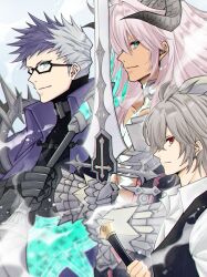 Rule 34 | 3boys, absurdres, blue eyes, fate/grand order, fate (series), gauntlets, genmai (crowcrowclown), glasses, grey hair, highres, holding, holding sword, holding weapon, horns, male focus, multicolored hair, multiple boys, red eyes, sieg (fate), siegfried (fate), sigurd (fate), sword, two-tone hair, weapon