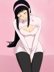 Rule 34 | 10s, 1girl, bad id, bad pixiv id, between legs, black hair, blush, breasts, cleavage, cleavage cutout, clothing cutout, covered erect nipples, closed eyes, guila, hairband, head tilt, highres, long hair, medium breasts, meme attire, nanatsu no taizai, okipuu, open-chest sweater, oxp (okipuu), pantyhose, sitting, solo, sweater, v arms
