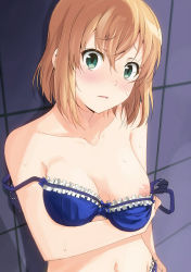Rule 34 | 10s, 1girl, blonde hair, blue bra, blue panties, blush, bra, bra pull, breasts, clothes pull, commentary request, frilled bra, frilled panties, frills, green eyes, highres, looking at viewer, marimotencho, miyamori aoi, nipples, open mouth, panties, revision, shirobako, short hair, small breasts, solo, sweat, underwear, underwear only, undressing