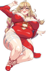 Rule 34 | 1girl, ahoge, arm up, blonde hair, blush, breasts, breasts apart, burger hair ornament, commission, dated, dot nose, dress, fat, food-themed hair ornament, full body, hair ornament, highres, huge breasts, jewelry, long hair, long sleeves, looking at viewer, low-tied long hair, mjk1988114&#039;s character, mole, mole on stomach, mole under eye, multicolored hair, navel, necklace, open hands, open mouth, original, pink hair, pixiv commission, rantia, red eyes, red footwear, second-party source, semi-rimless eyewear, shoes, signature, solo, strapless, strapless dress, streaked hair, tareme, thick thighs, thighs, two-tone hair, under-rim eyewear, wide sleeves