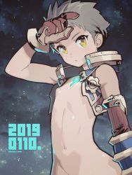 Rule 34 | 1boy, androgynous, blush, brown hair, gloves, looking at viewer, male focus, night, nintendo, nipples, open mouth, rex (xenoblade), sasaki tomomi, short hair, simple background, sky, solo, star (sky), starry sky, stomach, xenoblade chronicles (series), xenoblade chronicles 2