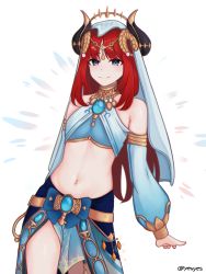 Rule 34 | 1girl, arabian clothes, bare shoulders, blue eyes, blue shirt, blue sleeves, blue veil, blunt bangs, breasts, circlet, closed mouth, crop top, cropped shirt, curled horns, dancer, detached sleeves, facing viewer, genshin impact, highres, horns, nilou (genshin impact), puffy sleeves, red hair, shirt, simple background, smile, solo, stomach, veil, white background, yeuyes