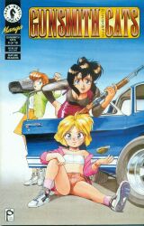 Rule 34 | 1990s (style), 3girls, :d, bandaid, bandaid on cheek, bandaid on face, bandeau, bare shoulders, bent over, black eyes, black hair, black shirt, blonde hair, blue eyes, blue sky, blush, bob cut, boombox, breasts, brown hair, car, carrying, chest harness, cleavage, closed mouth, collarbone, copyright name, cover, cover page, dark-skinned female, dark skin, english text, explosive, eyelashes, fist pump, ford, ford mustang, ford mustang (1st generation), from side, green eyes, green jacket, grenade, gun, gunsmith cats, hair between eyes, hand on own hip, hand on own knee, harness, highres, holding, holding boombox, holding gun, holding weapon, inverted bob, jacket, knee up, light smile, looking at viewer, looking to the side, manga cover, medium breasts, midriff, minnie may hopkins, misty brown, mossberg 500, motor vehicle, multiple girls, muscle car, non-web source, nose blush, off shoulder, official art, on ground, open clothes, open door, open jacket, open mouth, outdoors, parted bangs, pink jacket, pink socks, pump action, rally vincent, red shorts, red skirt, retro artstyle, scan, scoop neck, shelby gt500, shiny clothes, shirt, shoes, short hair, short shorts, shorts, shotgun, shoulder carry, sidelocks, sitting, skirt, sky, small breasts, smile, sneakers, socks, sonoda ken&#039;ichi, spread legs, standing, strapless, teeth, through window, throwing, tube top, upper teeth only, watch, weapon, white bandeau, white footwear, white shirt, wristwatch, yellow skirt