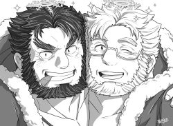 Rule 34 | 2boys, bara, beard, blush, character request, christmas, cigar, close-up, contrast, ded (housamo), face-to-face, facial hair, forked eyebrows, fur-trimmed jacket, fur trim, greyscale, halo, hijirino yuuta, jacket, male focus, monochrome, multiple boys, muscular, muscular male, old, old man, one eye closed, open mouth, santa costume, short hair, smile, tokyo houkago summoners, upper body