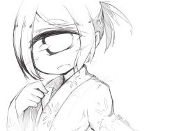 Rule 34 | 1girl, clenched hand, cyclops, floral print, greyscale, highres, japanese clothes, kimono, looking at viewer, monochrome, one-eyed, original, parted bangs, ponytail, shima (sh1mamu), signature, sketch, solo, thick eyebrows, twitter username, upper body, white background