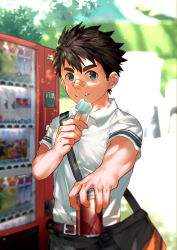 Rule 34 | 1boy, bag, bandaid, bandaid on face, bandaid on nose, belt, black hair, black pants, blue eyes, blurry, blurry background, can, commentary, day, drink can, fang, food, gift, incoming gift, laserbiubiu, looking at viewer, male focus, muscular, muscular child, original, outdoors, pants, popsicle, shirt, short hair, short sleeves, smile, soda can, solo, strap pull, sunlight, symbol-only commentary, thick eyebrows, vending machine, white shirt