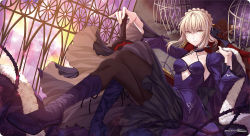 Rule 34 | 1girl, artoria pendragon (all), artoria pendragon (fate), birdcage, black pantyhose, blonde hair, braid, breasts, cage, crossed legs, dark persona, excalibur morgan (fate), fate/grand order, fate/stay night, fate (series), french braid, gothic lolita, jh, lolita fashion, medium breasts, pantyhose, saber (fate), saber alter, short hair, solo, sword, weapon, yellow eyes