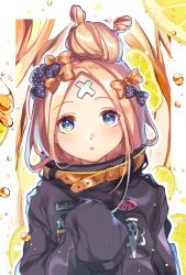 Rule 34 | 1girl, :o, abigail williams (fate), abigail williams (traveling outfit) (fate), black bow, black jacket, blonde hair, blue eyes, blush, bow, commentary request, crossed bandaids, fate/grand order, fate (series), food, fruit, hair bow, hair bun, hand up, haruaya, heroic spirit traveling outfit, jacket, lemon, lemon slice, long hair, long sleeves, looking away, looking up, official alternate costume, orange bow, parted bangs, parted lips, polka dot, polka dot bow, single hair bun, sleeves past fingers, sleeves past wrists, solo, star (symbol), upper body, white background