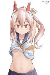 Rule 34 | 1girl, absurdres, arms behind head, arms up, ayanami (azur lane), azur lane, bad id, bad pixiv id, blue skirt, blush, breasts, brown eyes, closed mouth, collarbone, commentary request, crop top, groin, hair between eyes, headgear, high ponytail, highres, light brown hair, long hair, looking at viewer, navel, pleated skirt, school uniform, serafuku, sidelocks, simple background, skirt, small breasts, solo, tateishi kureha, twitter username, underboob, white background, yellow neckwear
