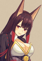 Rule 34 | 1girl, :d, akagi (azur lane), animal ears, azur lane, black hair, breasts, cleavage, eyeliner, fox ears, japanese clothes, large breasts, long hair, looking at viewer, makeup, moppo, open mouth, orange eyes, smile, solo, straight hair, upper body