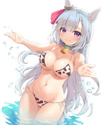 Rule 34 | 1girl, animal ears, animal print, bell, bikini, blue hair, blush, braid, breasts, cleavage, closed mouth, collar, cow print, cowboy shot, hair ornament, highres, horse ears, horse girl, horse tail, large breasts, light blue hair, long hair, mejiro ardan (umamusume), navel, neck bell, open hands, oris at, orisu atto, outstretched arms, purple eyes, shy, side-tie bikini bottom, smile, solo, splashing, swimsuit, tail, umamusume, very long hair, wading, water, water drop, white background