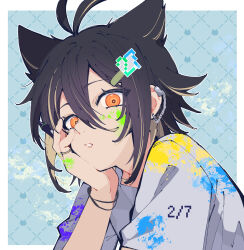 1girl animal_ears antenna_hair black_hair border dotted_line earrings grey_shirt hair_ornament hairclip hand_on_own_cheek hand_on_own_face highres jewelry looking_at_viewer multicolored_hair nekoma_hikaru orange_eyes original paint_splatter paint_splatter_on_face parted_lips shirt short_hair short_sleeves solo streaked_hair upper_body white_border