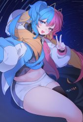 Rule 34 | 1girl, blush, commission, coqua, hand up, headphones, highres, jacket, looking away, medium hair, midriff, open mouth, red eyes, selfie, shorts, simple background, smile, solo, thighs, twintails
