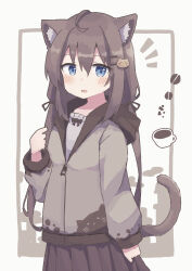 Rule 34 | 1girl, absurdres, animal ear fluff, animal ears, arm at side, blue eyes, blush stickers, brown hair, brown skirt, cat ears, cat girl, cat tail, coffee beans, coffee cup, colon br, cowboy shot, cup, disposable cup, grey jacket, hair between eyes, hair ornament, hairclip, highres, hood, hood down, hooded jacket, jacket, long sleeves, looking at viewer, notice lines, original, partially unzipped, pleated skirt, raised eyebrows, sidelocks, simple background, skirt, solo, tail, white background, zipper pull tab