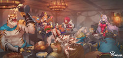 Rule 34 | 3boys, 3girls, abs, absurdres, bird, black gloves, blue eyes, bottle, bread, breasts, brown hair, chair, claws, clenched hand, covered navel, cup, dagger (sdorica), dated, drinking, eating, elbow gloves, fake horns, food, fork, gloves, hand up, hat, helmet, highres, holding, holding fork, horned helmet, indoors, jewelry, karen (sdorica), lantern, large breasts, light purple hair, long hair, meat, medium breasts, mug, multiple boys, multiple girls, necklace, open mouth, owl, pang (sdorica), potion, red hair, roger (sdorica), sdorica, sharice (sdorica), shirley (sdorica), topless male, short hair, silver hair, spill, standing, table, twintails, watermark, wine bottle, witch hat
