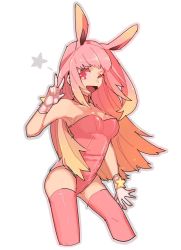 Rule 34 | 1girl, ;d, animal ears, bad id, bad pixiv id, breasts, cleavage, fake animal ears, fate/grand order, fate (series), gloves, leotard, long hair, looking at viewer, one eye closed, open mouth, pink eyes, pink hair, pink thighhighs, playboy bunny, rabbit ears, rabbit girl, riyo servant (bunnygirl) (fate), simple background, smile, solo, thighhighs, w, white background, wonakira