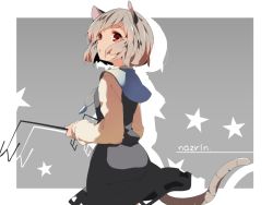 Rule 34 | 1girl, animal ears, bad id, bad twitter id, capelet, character name, dowsing rod, grey background, grey hair, hasebe yuusaku, jewelry, long sleeves, looking at viewer, looking back, mouse ears, mouse tail, nazrin, necklace, open mouth, red eyes, shirt, short hair, skirt, skirt set, solo, star (symbol), tail, touhou, vest