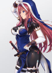 Rule 34 | 1girl, absurdres, blue eyes, bodysuit, bodysuit under clothes, breasts, elbow gloves, garter straps, gloves, highres, holding, holding weapon, knife, knife belt, large breasts, nun, official art, original, panties, pink hair, skindentation, solo, sword, thighhighs, thighs, throwing knife, toriatto gununu, underwear, weapon, white background