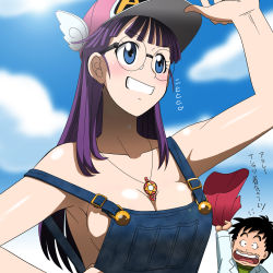 Rule 34 | 1boy, 1girl, aged up, alternate form, arm up, armpits, bare arms, bare shoulders, baseball cap, black hair, blue eyes, blush, breasts, cleavage, clenched teeth, clothes writing, cloud, collarbone, dr. slump, facial hair, father and daughter, glasses, grin, hat, highres, jewelry, large breasts, lens flare, long hair, looking at another, mustache, naked overalls, neck, necklace, no bra, norimaki arale, norimaki senbei, overalls, purple hair, shiny skin, short hair, sideboob, sky, smile, solo focus, strap slip, takaya n, teeth, translation request, upper body
