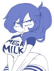 Rule 34 | 1girl, absurdres, blush, breasts, highres, large breasts, mega milk, monochrome, ponytail, shirt, signature, simple background, smile, solo, toon (style), toon michaela, toxicsoul77, white background