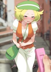 Rule 34 | 1girl, 1other, bag, beret, between breasts, bianca (pokemon), blonde hair, blurry, breasts, breath, commentary request, controller, creatures (company), discreet vibrator, dress, game freak, green bag, green eyes, green headwear, hat, highres, lower teeth only, momihige, nintendo, open mouth, orange vest, outdoors, pokemon, pokemon bw, public indecency, public vibrator, remote control, remote control vibrator, sex toy, short hair, short sleeves, shoulder bag, strap between breasts, teeth, tongue, trembling, vest, vibrator, vibrator under clothes, white dress, wireless sex toy controller