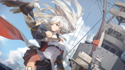 Rule 34 | 1girl, azur lane, bare shoulders, bird, black necktie, blue sky, bow (weapon), breasts, buckle, cloud, compound bow, cuff links, day, dutch angle, eagle, enterprise (azur lane), floating hair, hand up, hat, highres, holding, holding bow (weapon), holding weapon, large breasts, long hair, looking at viewer, looking away, necktie, off shoulder, outdoors, peaked cap, purple eyes, rff (3 percent), rigging, shirt, silver hair, skirt, sky, sleeveless, sleeveless shirt, smile, solo, thighhighs, underbust, very long hair, weapon, wind, wind lift