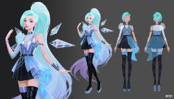 Rule 34 | 1girl, aqua hair, blonde hair, blue eyes, character request, clothing request, commentary, dress, english commentary, english text, grey background, high heels, highres, jason chan, jewelry, k/da (league of legends), k/da all out seraphine superstar, league of legends, looking at viewer, official alternate costume, seraphine (league of legends), simple background, tagme, thighhighs