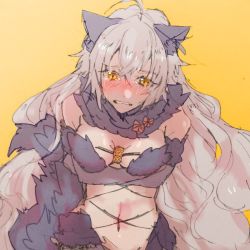 Rule 34 | 1girl, animal ears, blush, breasts, cleavage, cosplay, elbow gloves, embarrassed, fate/grand order, fate (series), female focus, gloves, gradient background, grey hair, greyscale, jeanne d&#039;arc (fate), jeanne d&#039;arc (ruler) (fate), jeanne d&#039;arc alter (avenger) (fate), jeanne d&#039;arc alter (fate), long hair, mash kyrielight, mash kyrielight (dangerous beast), mash kyrielight (dangerous beast) (cosplay), monochrome, navel, official alternate costume, simple background, solo, tears, very long hair, wonakira, yellow background, yellow eyes