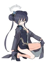 Rule 34 | 1girl, black dress, black footwear, black hair, black jacket, blue archive, breasts, butterfly hair ornament, china dress, chinese clothes, double bun, dress, grey eyes, hair bun, hair ornament, halo, highres, jacket, kasa (hitori sanka), kisaki (blue archive), long hair, looking at viewer, off shoulder, pinstripe jacket, pinstripe pattern, side slit, small breasts, solo, squatting, striped, twintails